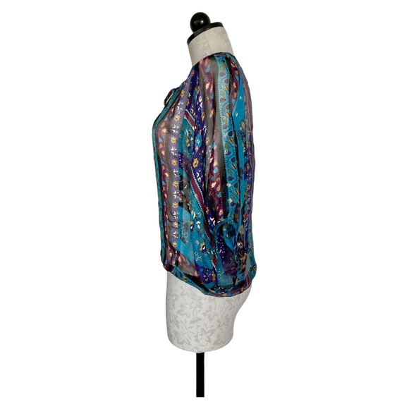 MYNE Ashley Ann Silk Sheer Boho Blouse Floral 3/4 Sleeve Ties at Neck Size 2 - Picture 6 of 13